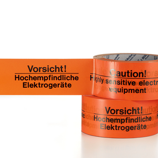 PP Warnklebeband Hochempfindliche Elektrogeräte, schwarz auf orange PP Warnklebeband Hochempfindliche Elektrogeräte, schwarz auf orange