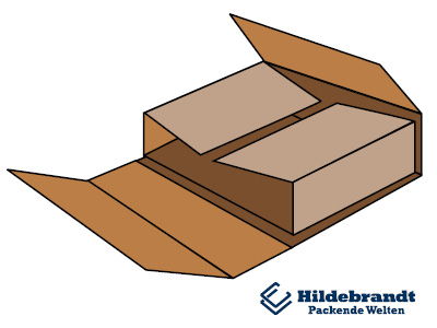 Einteilige Kartonzuschnitte zum Zuklappen, häufig mit einem Steck- oder Klemmverschluss (typisch im Versandhandel)